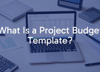 A modern project budget spreadsheet on a laptop screen, surrounded by financial documents and a calculator, professional and clean, focused on organization and planning.