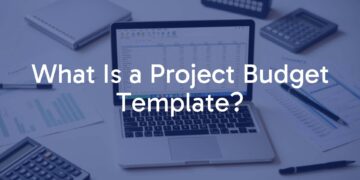 A modern project budget spreadsheet on a laptop screen, surrounded by financial documents and a calculator, professional and clean, focused on organization and planning.