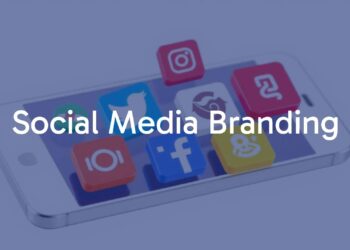 A modern social media branding concept with a smartphone displaying diverse social media icons, stylish branding elements, and vibrant colors, illustrative.