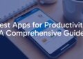 Modern smartphone with productivity apps on screen, organized workspace with notebook and coffee, bright and clean, digital minimalism style.