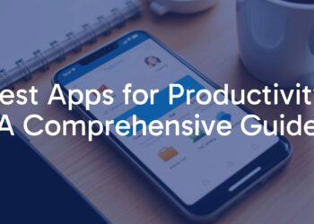 Modern smartphone with productivity apps on screen, organized workspace with notebook and coffee, bright and clean, digital minimalism style.
