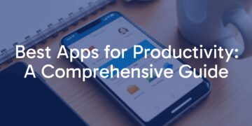 Modern smartphone with productivity apps on screen, organized workspace with notebook and coffee, bright and clean, digital minimalism style.