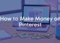 A modern desk setup with a laptop displaying Pinterest boards, a cup of coffee, and dollar bills scattering around, bright and professional lighting, illustrative style.