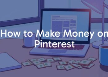 A modern desk setup with a laptop displaying Pinterest boards, a cup of coffee, and dollar bills scattering around, bright and professional lighting, illustrative style.