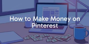 A modern desk setup with a laptop displaying Pinterest boards, a cup of coffee, and dollar bills scattering around, bright and professional lighting, illustrative style.