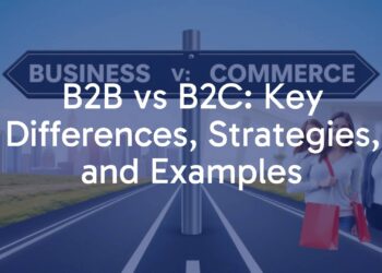 Business vs consumer commerce comparison, two contrasting paths on a road sign, one labeled B2B with office buildings and charts, the other labeled B2C with shopping bags and happy customers, professional and clean style, conceptual.