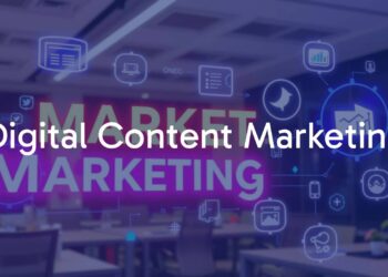 Digital marketing concept with glowing digital content icons, modern office background, vibrant colors, professional and dynamic vibe.