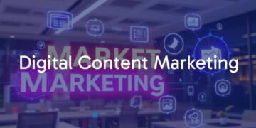 Digital marketing concept with glowing digital content icons, modern office background, vibrant colors, professional and dynamic vibe.
