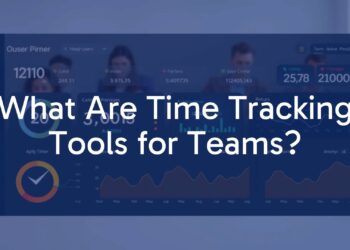 A modern digital time tracking dashboard, showing graphs and timers, with a diverse remote team working on laptops, professional and clean design.