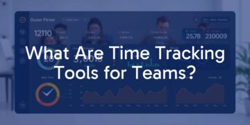 A modern digital time tracking dashboard, showing graphs and timers, with a diverse remote team working on laptops, professional and clean design.