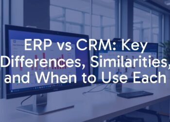 Modern office with two computer screens side by side, one showing ERP dashboard with finance charts, the other showing CRM dashboard with customer profiles, professional and clean style.
