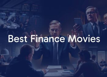 A dramatic collage of iconic finance movie scenes: The Wolf of Wall Street's chaotic trading floor, The Big Short's tense boardroom, Wall Street's powerful Gordon Gekko giving a speech, Margin Call's late-night crisis meeting, and Boiler Room's high-pressure sales calls. The background features stock tickers and currency symbols, with a moody cinematic lighting style.