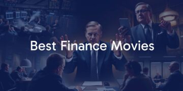 A dramatic collage of iconic finance movie scenes: The Wolf of Wall Street's chaotic trading floor, The Big Short's tense boardroom, Wall Street's powerful Gordon Gekko giving a speech, Margin Call's late-night crisis meeting, and Boiler Room's high-pressure sales calls. The background features stock tickers and currency symbols, with a moody cinematic lighting style.