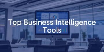 Modern business intelligence dashboard on a computer screen, data visualization charts and graphs, professional office setting, clean and sleek design, futuristic vibe.