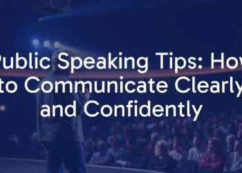 A confident speaker on stage, microphone in hand, engaging with an audience, professional lighting, realistic.