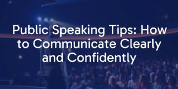 A confident speaker on stage, microphone in hand, engaging with an audience, professional lighting, realistic.