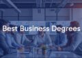 A professional business setting with diverse professionals collaborating, modern office, charts and graphs on screens, business degrees diplomas on wall, bright and motivational atmosphere, realistic.