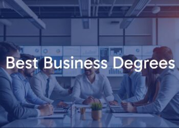 A professional business setting with diverse professionals collaborating, modern office, charts and graphs on screens, business degrees diplomas on wall, bright and motivational atmosphere, realistic.