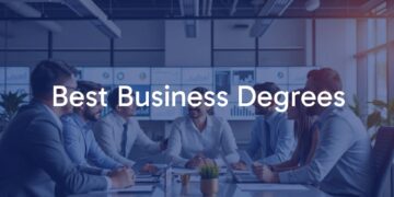 A professional business setting with diverse professionals collaborating, modern office, charts and graphs on screens, business degrees diplomas on wall, bright and motivational atmosphere, realistic.