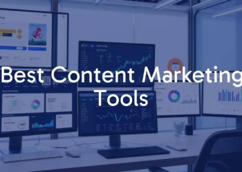 Modern digital workspace with content marketing tools displayed on multiple screens, data analytics dashboard, sleek and organized interface, professional and efficient atmosphere.