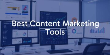 Modern digital workspace with content marketing tools displayed on multiple screens, data analytics dashboard, sleek and organized interface, professional and efficient atmosphere.