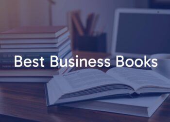 A stack of modern business books on a wooden desk, warm lighting, one book open showing highlighted text, laptop and coffee cup nearby, professional and inviting atmosphere, realistic style.